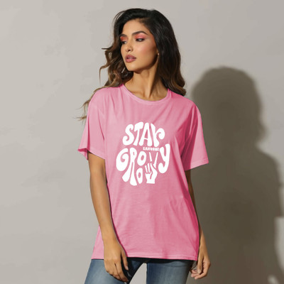 etsun Typography Women Round Neck Pink T-Shirt