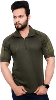 ONEBIT Solid Men Polo Neck Dark Green T-Shirt