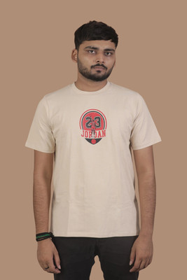 oversied Graphic Print Men Round Neck Beige T-Shirt