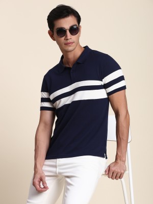 Dennis Lingo Striped Men Polo Neck Navy Blue T-Shirt