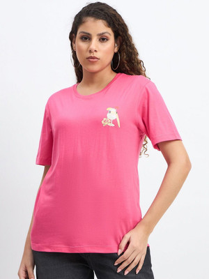 Mast & Harbour Printed Women Round Neck Pink T-Shirt