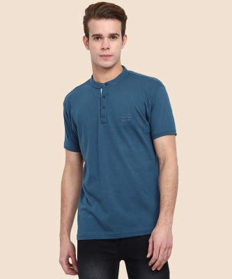V-MART Solid Men Mandarin Collar Blue T-Shirt
