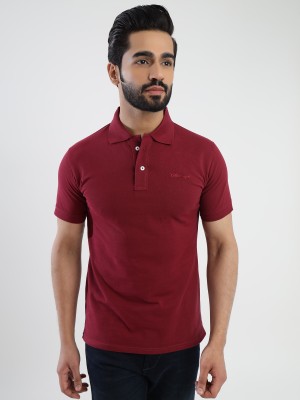 cotton sugar Self Design Men Polo Neck Maroon T-Shirt