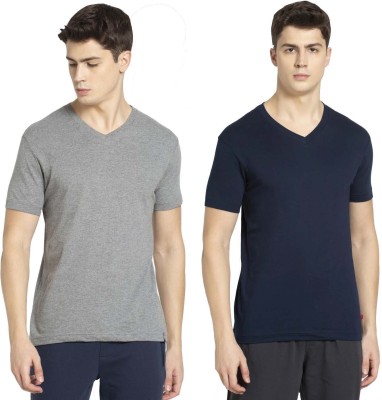 JOCKEY Solid Men V Neck Grey, Dark Blue T-Shirt