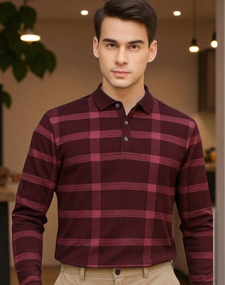 Autna Checkered Men Polo Neck Maroon T-Shirt