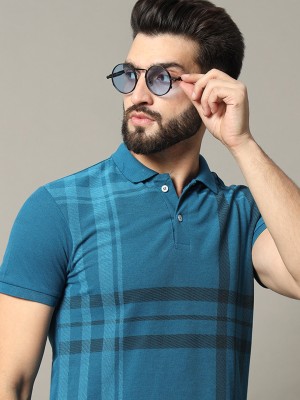 RELANE Striped Men Polo Neck Blue T-Shirt