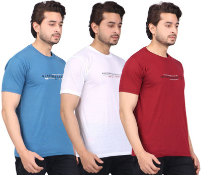 WILD ELEPHANT Printed Men Round Neck Blue, White, Maroon T-Shirt