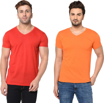 Tresna Fab Solid Men V Neck Red, Orange T-Shirt