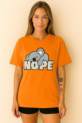AdvibaFashion Graphic Print Women Round Neck Orange T-Shirt