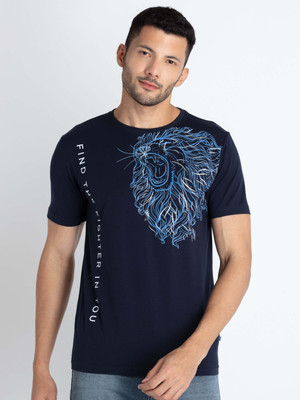 Status Quo Printed, Typography Men Round Neck Navy Blue T-Shirt