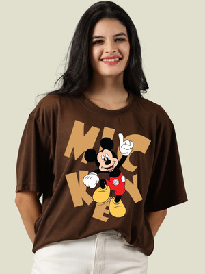 DISNEY by DreamBe Cartoon Women Round Neck Brown T-Shirt