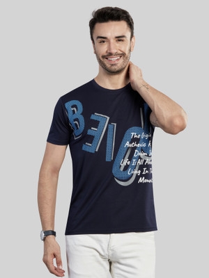 BE POSITIVE Typography Men Round Neck Navy Blue T-Shirt