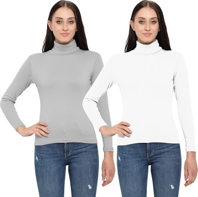 FASHA Solid Women High Neck Multicolor T-Shirt
