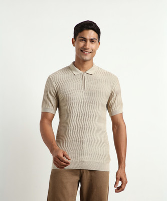 NOBERO Self Design Men Polo Neck Beige T-Shirt