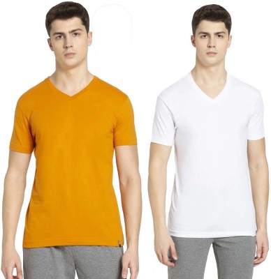 JOCKEY Solid Men V Neck Yellow, White T-Shirt