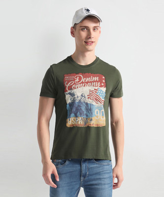 U.S. POLO ASSN. Printed, Typography Men Round Neck Green T-Shirt