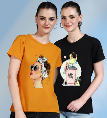 METRONAUT Printed Women Round Neck Yellow, Black T-Shirt