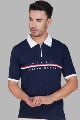 Conway Printed Men Zip Neck Navy Blue T-Shirt