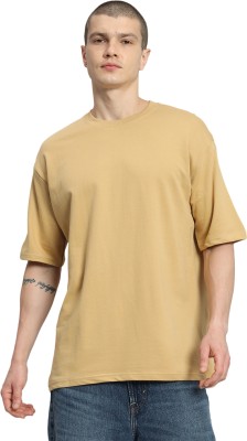 Shade 7 Solid Men Round Neck Beige T-Shirt