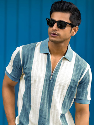 MANIAC Striped Men Polo Neck Blue T-Shirt