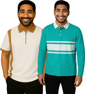 Try This Self Design Men Polo Neck White, Light Green T-Shirt