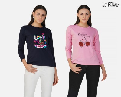 METRONAUT Printed Women Round Neck Navy Blue, Pink T-Shirt