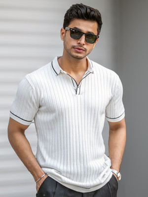 MANIAC Self Design Men Polo Neck White T-Shirt