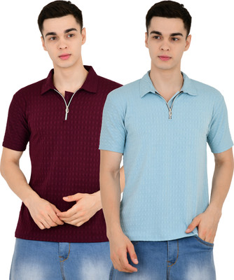 KEOTI Self Design Men Polo Neck Maroon, Blue T-Shirt