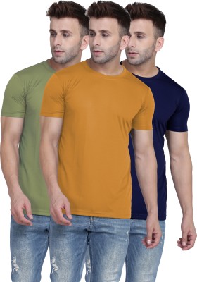 TQH Solid Men Round Neck Yellow, Light Green, Dark Blue T-Shirt