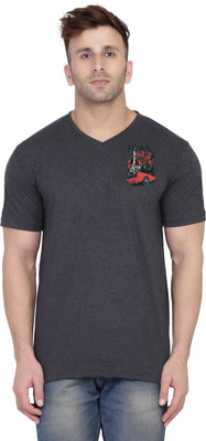 tfurnish Printed Men V Neck Grey T-Shirt