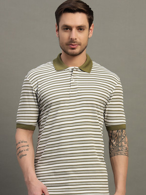 Nuovo Striped Men Polo Neck Light Green T-Shirt
