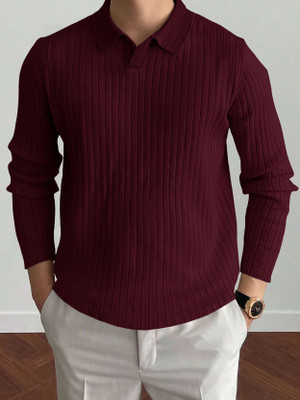 EyeBogler Solid Men Polo Neck Maroon T-Shirt