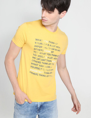 FLYING MACHINE Printed Men Crew Neck Yellow T-Shirt
