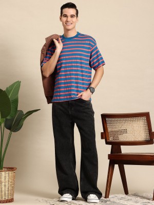 Mast & Harbour Striped Men Round Neck Blue T-Shirt