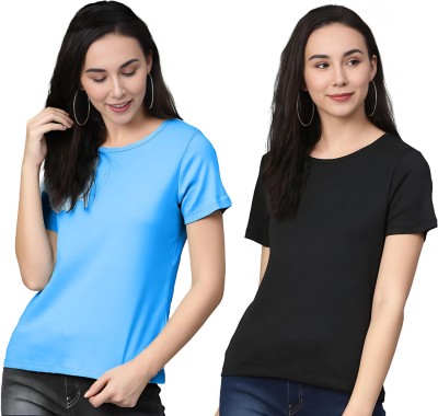 LIVAX COTTY Solid Women Round Neck Black, Blue T-Shirt