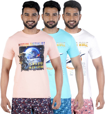COLORS by Rupa Frontline Graphic Print Men Round Neck Pink, Light Blue, White T-Shirt