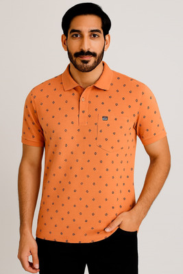 SAND PIPER Printed Men Polo Neck Orange T-Shirt