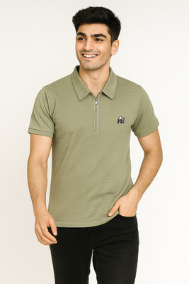 Ajmir Style Hub Self Design Men Polo Neck Green T-Shirt