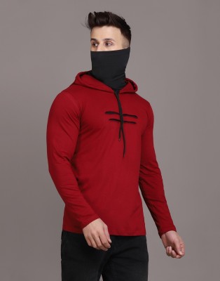 Denzolee Striped Men Hooded Neck Maroon T-Shirt