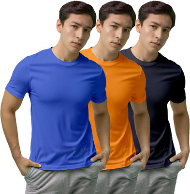 Fighterhero Solid, Sporty Men Round Neck Blue, Orange, Navy Blue T-Shirt