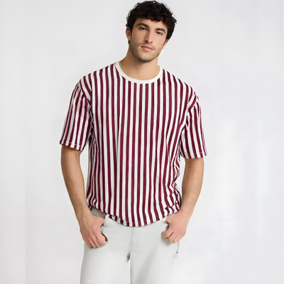 COPEHHI Striped Men Crew Neck Maroon, White T-Shirt