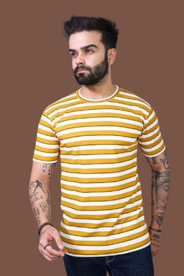 TELOXY Striped Men Round Neck Yellow, White T-Shirt