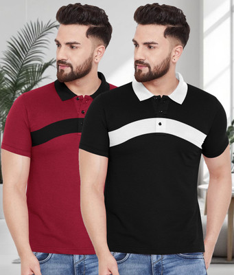 SCOWET Colorblock Men Polo Neck Maroon T-Shirt