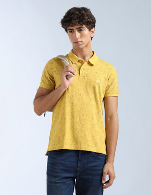 FLYING MACHINE Printed Men Polo Neck Yellow T-Shirt