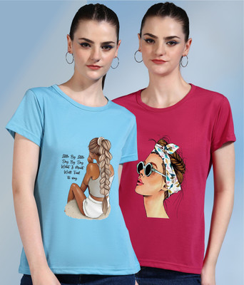 METRONAUT Printed Women Round Neck Light Blue, Pink T-Shirt