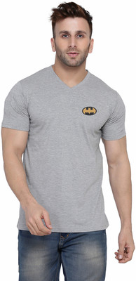 GEUM Printed Men V Neck Silver T-Shirt