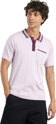NOBERO Striped Men Polo Neck Purple T-Shirt