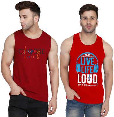 SLOWLORIS Printed, Colorblock Men Scoop Neck Red, Maroon T-Shirt