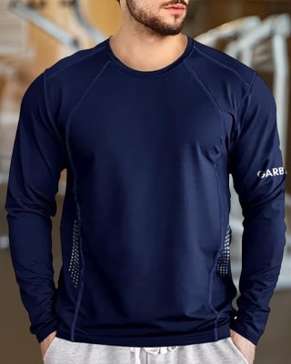 GARBLY Solid Men Round Neck Navy Blue T-Shirt