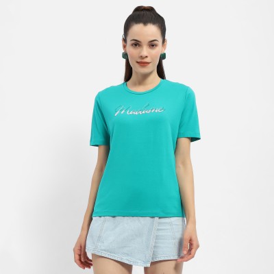 MADAME Typography Women Round Neck Green T-Shirt